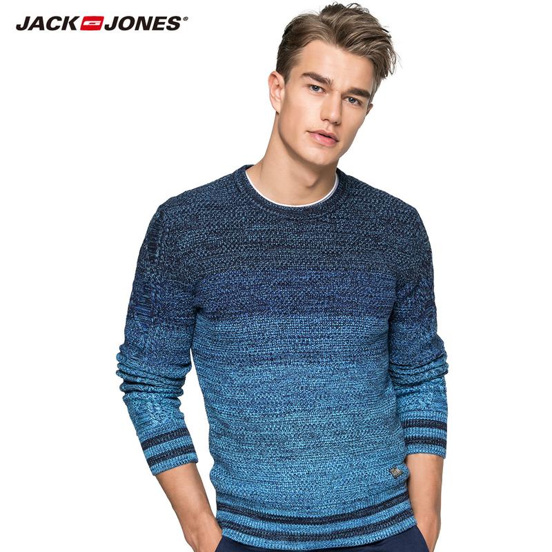 jackjones杰克琼斯棉质渐变弹力修身圆领男秋针织毛衣