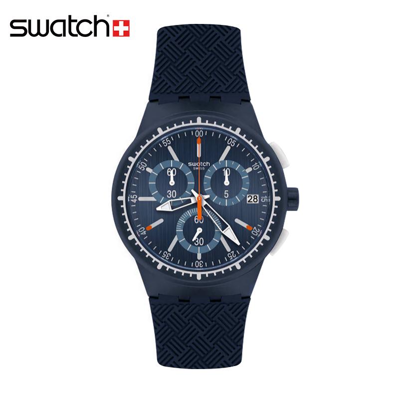 swatch/斯沃琪手表 三眼计时运动男女石英表 深蓝之石