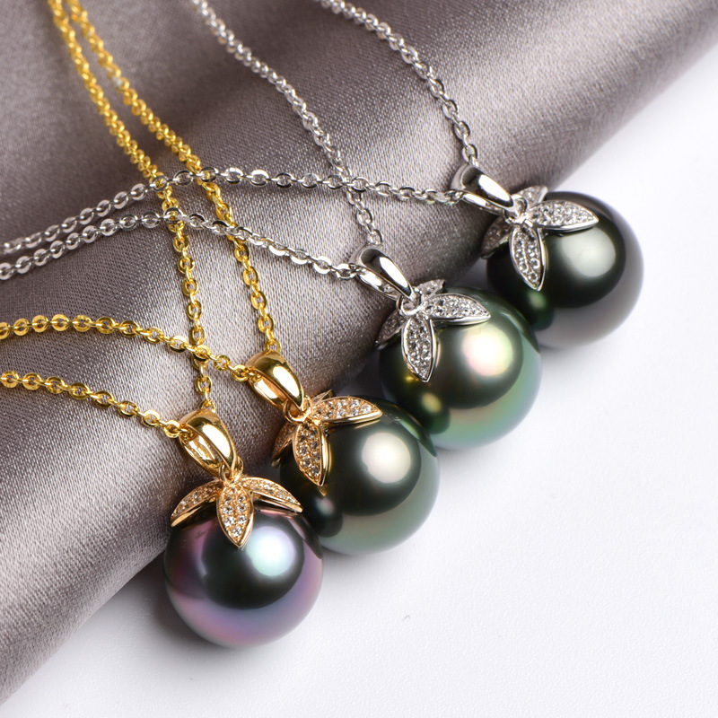 风下hrfly三生花吊坠大溪地黑珍珠18k金镶嵌水钻910mm正圆微瑕强光