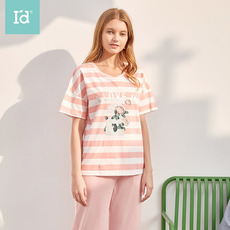 爱帝2020年春夏新品女式条纹印花短袖中裤家居服套装