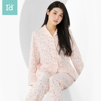 爱帝女式针织棉时尚菱形格长袖家居服套装