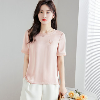觅寸2022新款夏装套头韩版纯色雪纺气质粉色圆领宽松型T恤雪纺衫-031A0248