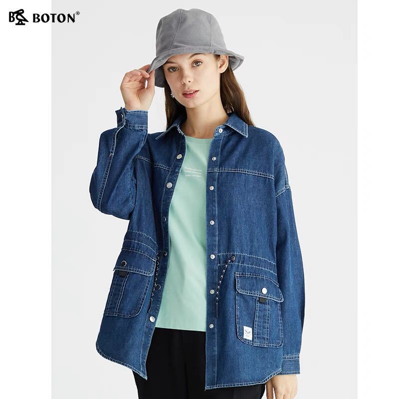 波顿女装外套型牛仔衬衫早春韩风时尚中长款纯色衬衣