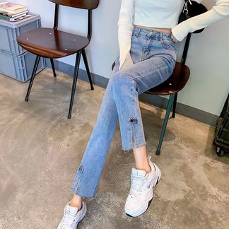 【预售3天发出】另兮新款直筒开叉微喇牛仔裤女高腰设计感九分小个子烟管裤——031H05124